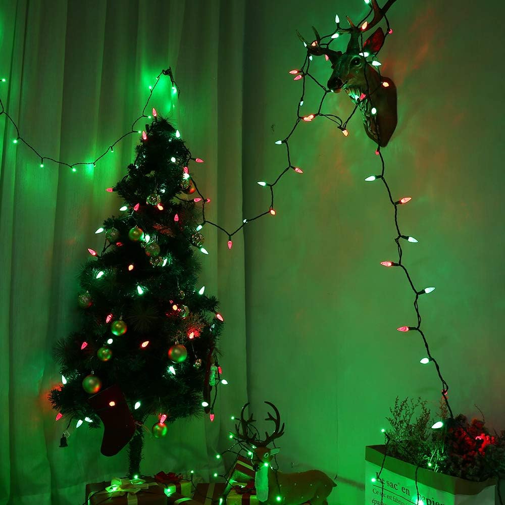 Brizled Red & Green C5 Christmas Lights, 33ft 100 LED Christmas Lights, Connectable 120V UL Certified Mini Christmas Lights Set Faceted Xmas Lights for Chrsitmas Tree Party Roof Indoor Outdoor Decor