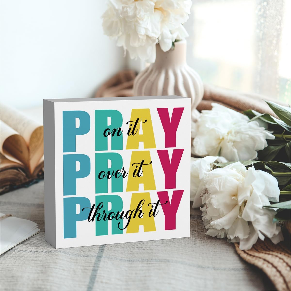 Office Decor for Women Christian Gifts Desk Bedroom Bible Verse Wall Art Inspirational Wooden Box - Pray on It Over It Through It