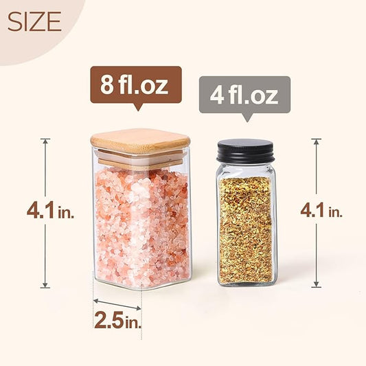ComSaf 12Pcs Glass Spice Jars with Bamboo Lid, 8oz Airtight Square Containers with 275 Black Lables, Empty Seasoning Jars for Spice Salt Sugar