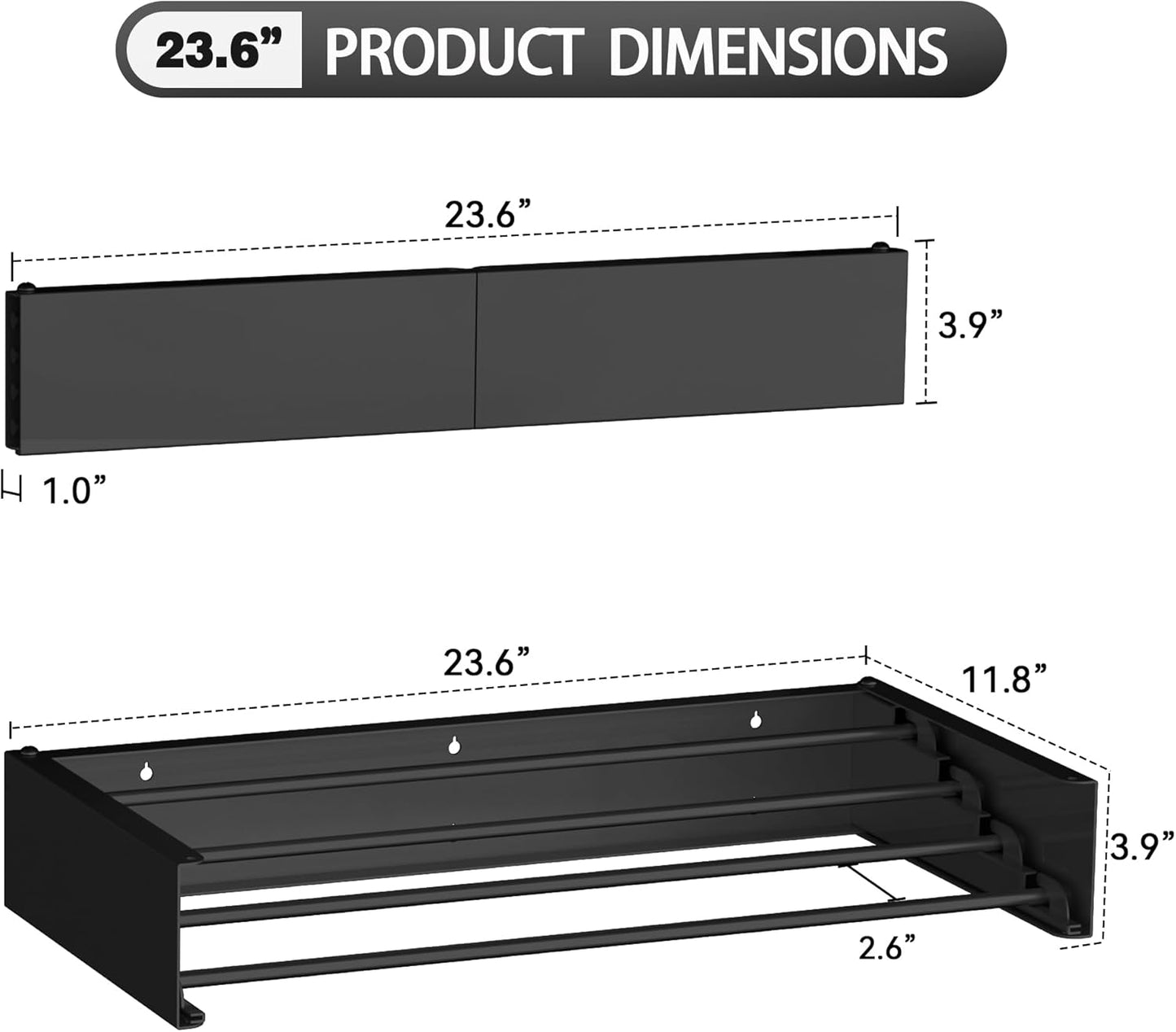 FOCHIER F Laundry Drying Rack Wall Mounted Clothes Drying Rack Collapsible with 5 Aluminum Rods and Drilling Template Long Screwdriver Bit 60 lbs Capacity (Black, 23.6“)