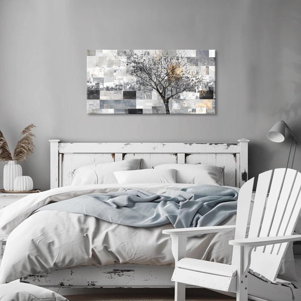 LASMOND Modern Abstract Tree Wall Art for Living Room Black and White Canvas Painting Wall Art Large Nature Landscape Artwork Bedroom Office Home Decor (30x16 Inches)