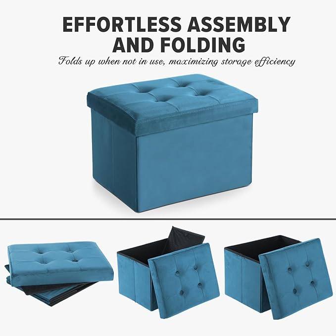 LINMAGCO Storage Ottoman Folding Foot Stool Velvet Foot Rest with Padded Modern Ottoman with Storage for Living Room Puppy Step Stool 17x13x13in(Blue)