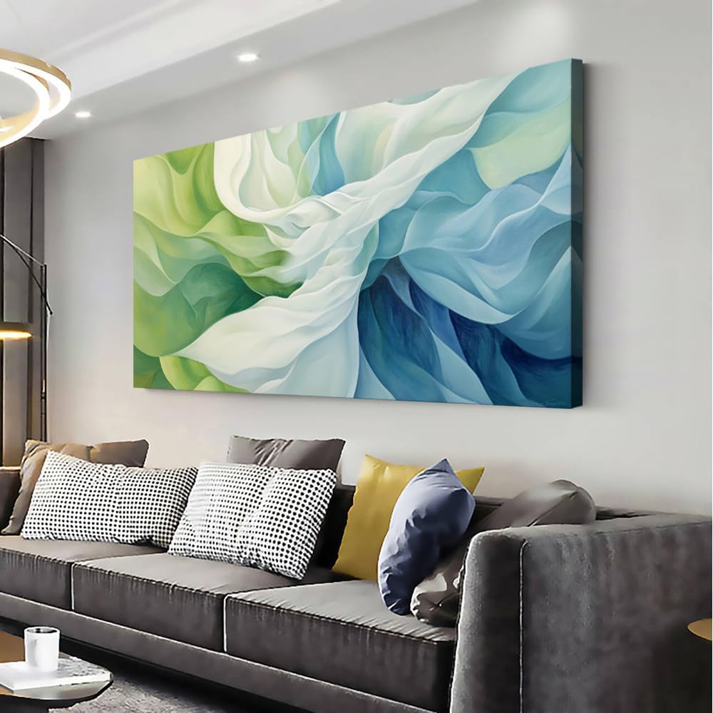 LASMOND Abstract Lines Wall Art for Living Room Canvas Prints Aqua Turquoise Blue Green Artwork Paintings Decor Bedroom Office Girl Woman (30x16 Inches)