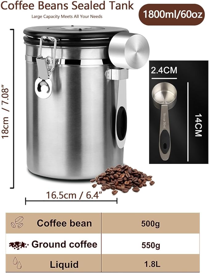 Coffee Canister Airtight Storage Container Stainless Steel Air Tight Coffee Jar with Scoop, Date Tracker CO2 Release Valve for Dry Food, Beans, Ground, Tea, Flour, Cereal and Sugar (1.8L-Silver-2pcs)