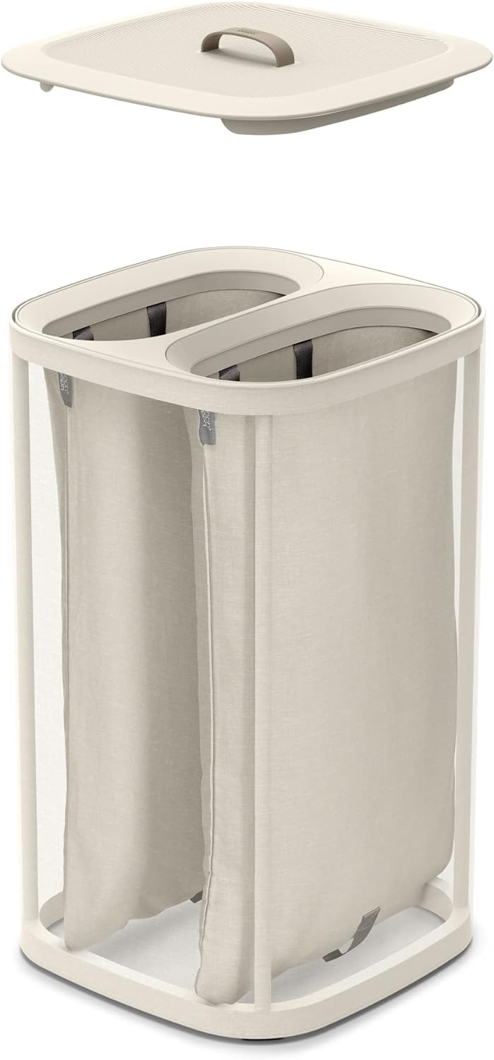 Joseph Joseph Tota 60 liter/15.8 gallon Laundry Hamper Separation Basket with lid, 2 Removable Washing Bags with Handles- Ecru