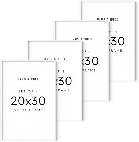 HAUS AND HUES 20x30 White Metal Picture Frames - Features Premium Aluminum, Vertical & Horizontal Hang, Shatterproof Plexiglass - Perfect for Home, Room, Office (20x30 in, White, Set of 4)