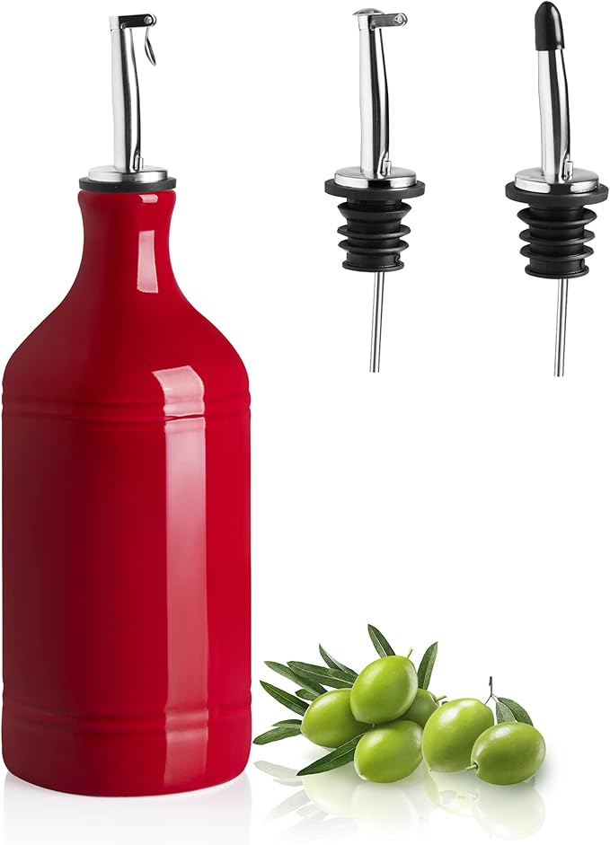 Sweejar Ceramic Olive Oil Dispenser Bottle, Opaque Oil Cruet Protects Oil to Reduce Oxidation, Suitable for Storage Oil, Vinegar, Coffee Syrups & Other Liquids, Pack of 1, 15.5 Fl Oz (Red)