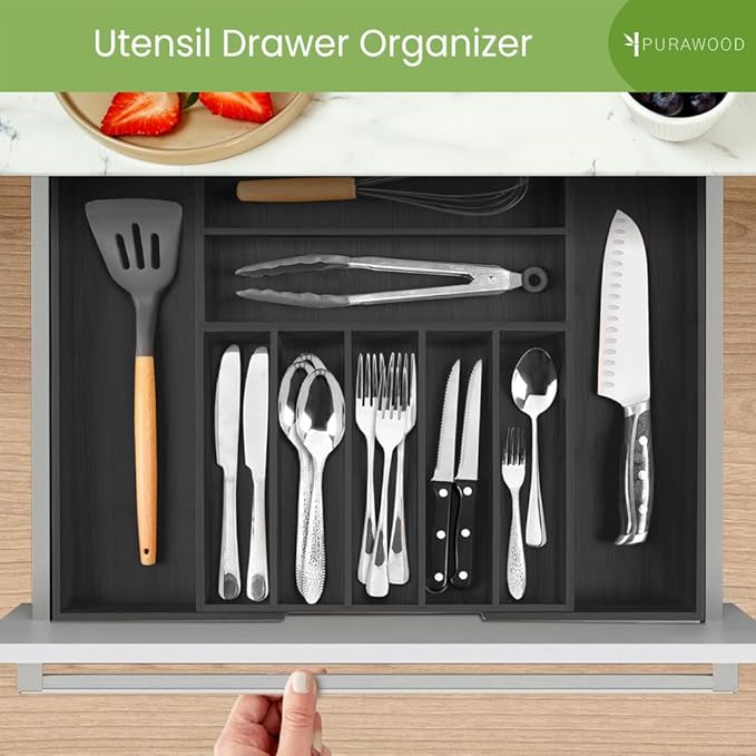 Purawood Bamboo Drawer Organizer - Expandable Silverware Organizer & Utensil Organizer, Cutlery Tray with Dividers, 7-9 Slots - Premium Kitchen Drawer Organizer for Utensils & Flatware (Black)