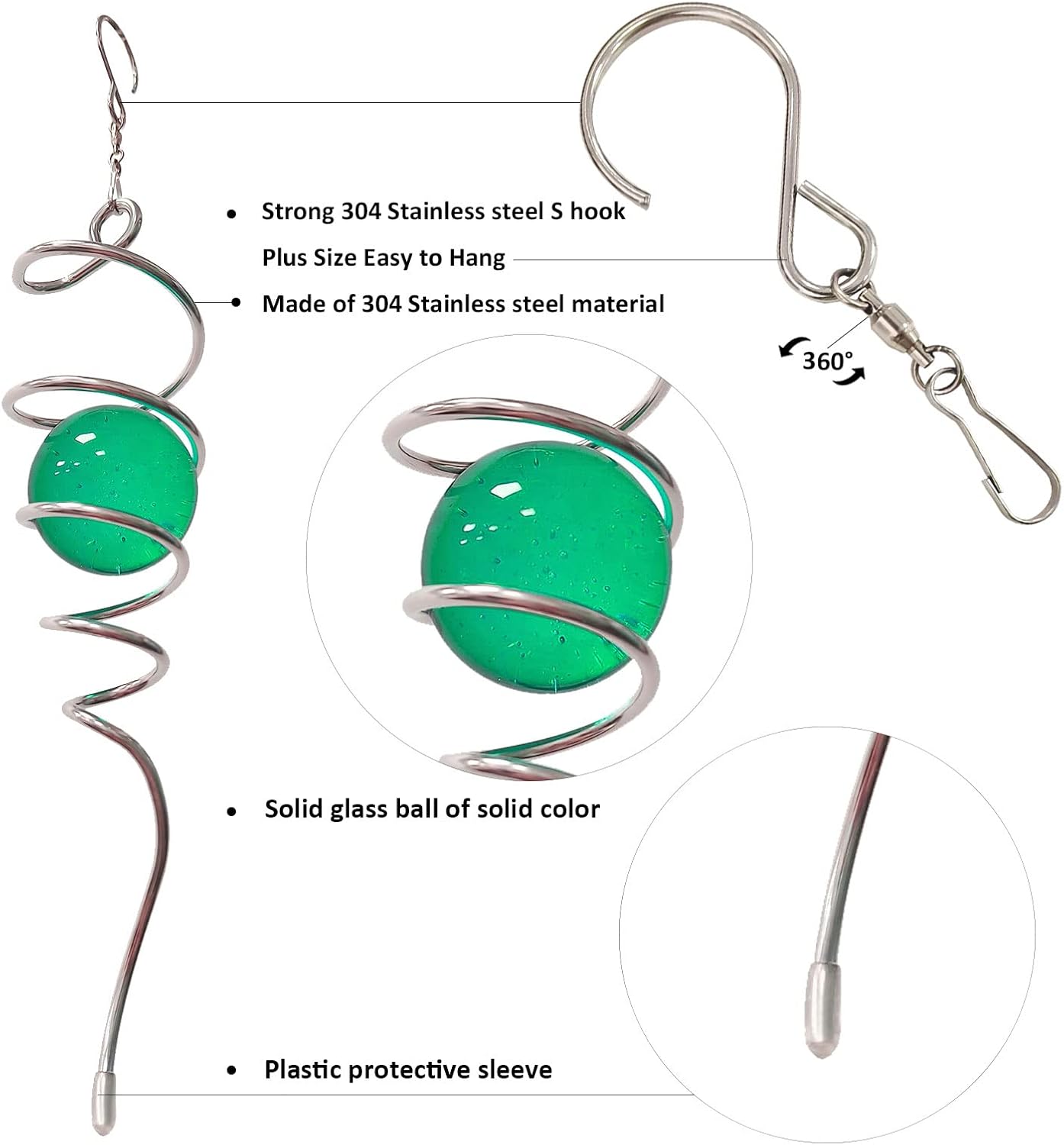 Wind Spinner Tail Gazing Ball Spiral Decorative Wind Spinner Sun Catcher 11inch Tail and 2 inch Glass Orb. Indoor Outdoor Garden Decoration Wind Sculptures-13 inch Height (Green)