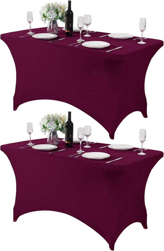 2Pack Spandex Table Cover for 4FT or 6ft or 9ft Table Universal Fitted Stretch Tablecloth for Party, Banquet, Wedding and Events-Burgundy