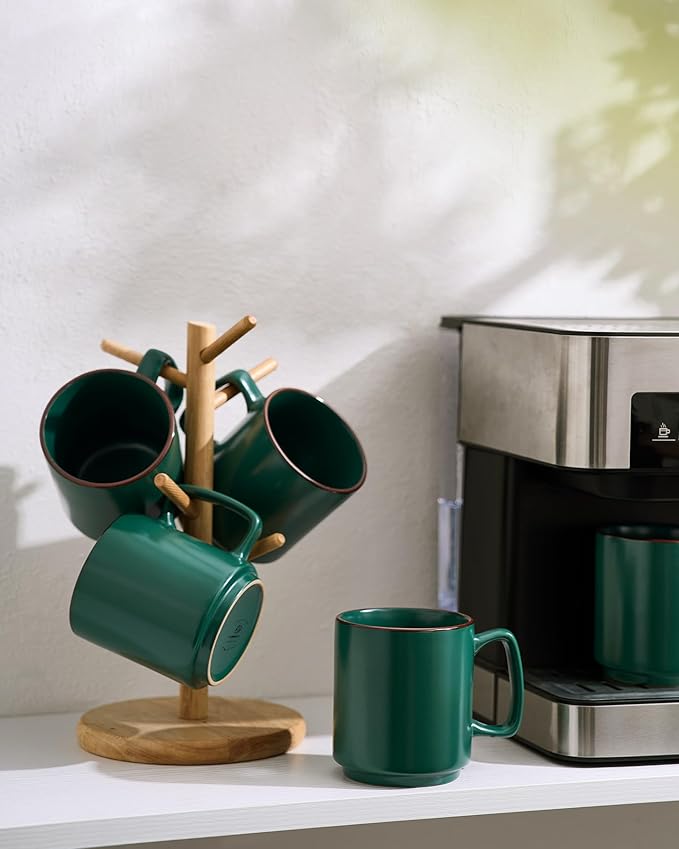 famiware Coffee Mugs Set of 6, Nebula 14oz Coffee Mugs, Ceramic Cup Set with Handle for Latte, Tea, Milk, Cappuccino, Cocoa, Dark Green