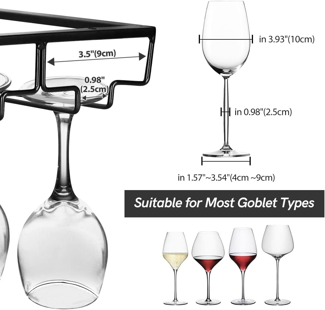 Xverycan Wine Glass Rack Under Cabinet, 8 Row Extreme Large Stemware Hanger, Metal Wine Goblet Holder, DIY Bar Glass Storage Rack for Bar Counter, Kitchen, Screws Included (Black)