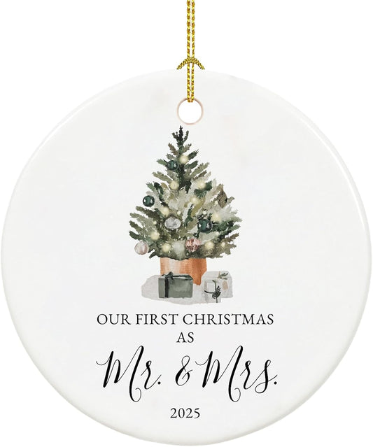 Our First Christmas Married Ornament 2025, Just Married Gifts for Couple, Mr and Mrs, Ceramic Keepsake with Ribbon and Gift Box