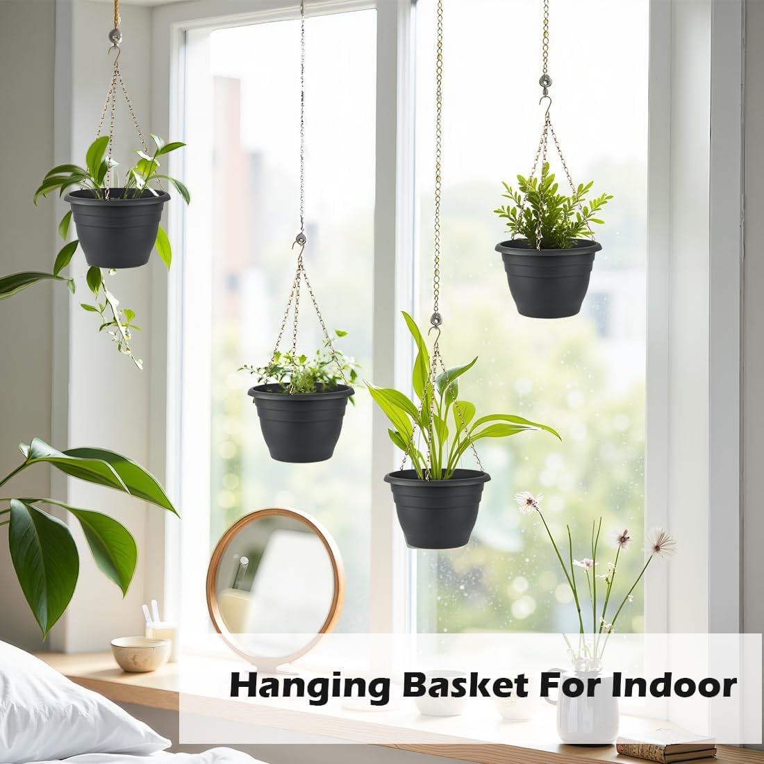 Hanging Planters 10 Inch, 4 Pcs Flower Pots with Drainage Hole, Self Watering Hanging Basket for Indoor Outdoor Plants, Decor, Gray