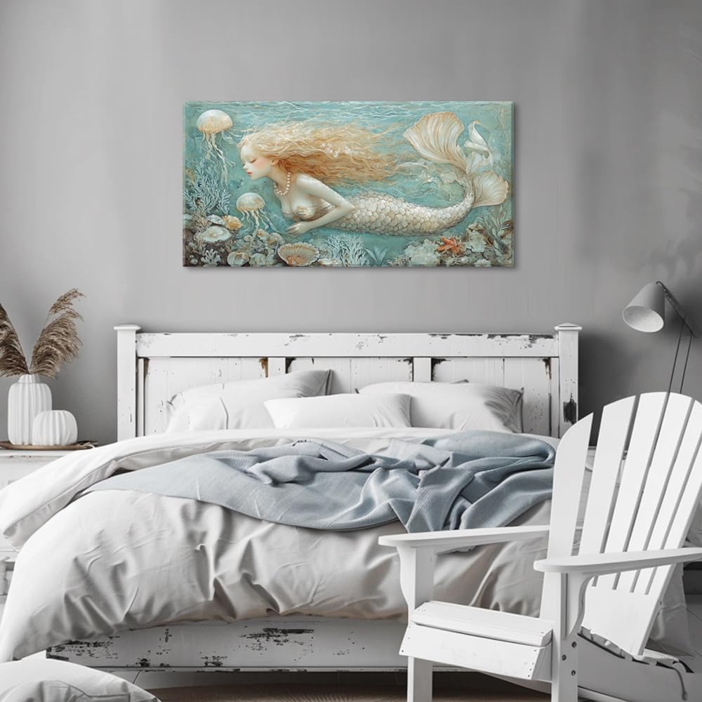 LASMOND Ocean Mermaid Wall Art for Girls Room Modern Canvas Prints Marine Organism Underwater World Sea Creatures Artwork Paintings Women Bedroom Wall Decor (30x16 Inches)
