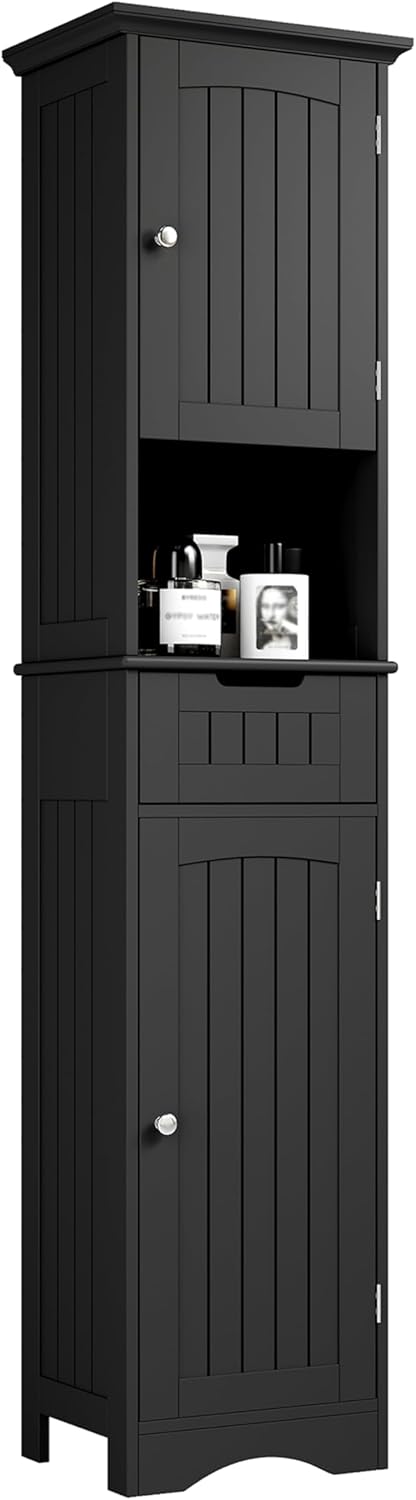 ChooChoo 67" Tall Bathroom Storage Cabinet Freestanding with Adjustable Shelves, Narrow Storage Linen Cabinet with 2 Doors and 1 Drawers for Bathroom, Living Room, Kitchen, Black