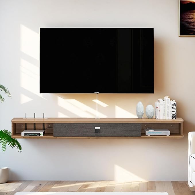 Pmnianhua Floating TV Shelf, 94'' Wall Mounted TV Stand Floating TV Console Media Entertainment Under TV Shelf for Bedroom Living Room (Walnut)