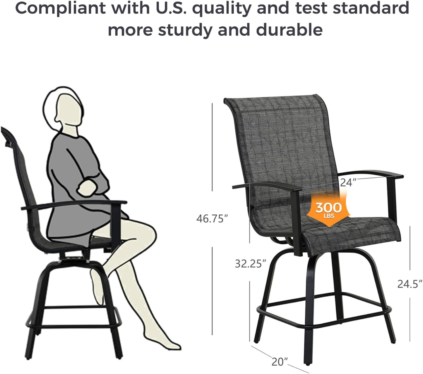 Grand patio Counter Height Outdoor Swivel Bar Stools Set of 2, Patio Bar Chairs with Arms Backs for Porch Balcony, Poolside, Deck (Black&Grey Plaid, 2PC)