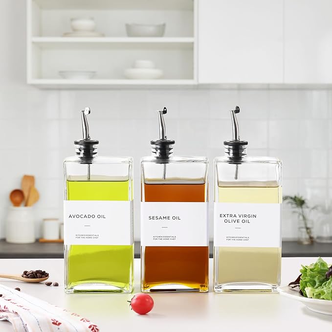 Olive Oil Dispenser Bottle for Kitchen, 3 Pack Glass Oil and Vinegar Dispenser Set, Elegant Book Design, Durable, Leak-Proof, Easy-Pour Spouts, Perfect for Kitchen, Dining Table (17oz)