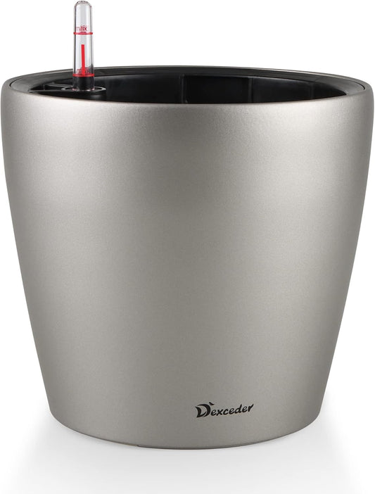 Dexceder 9x8 Inches Self Watering Planter Metallic Matte Indoor Outdoor, Inner Pot Design, Thickened Table Flower Plant Pot with Water Level Indicator (Smoky Gray)