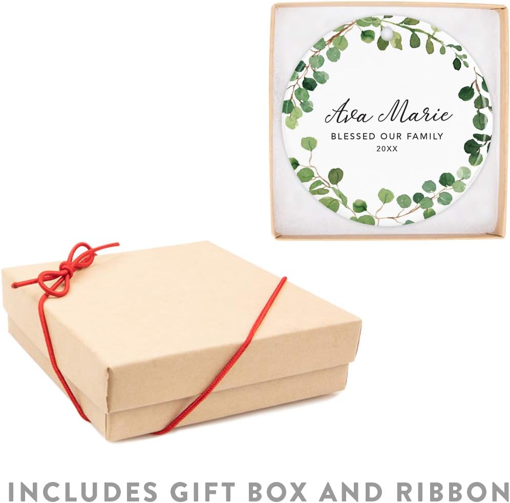 Andaz Press Personalized Round Ceramic Porcelain Christmas Ornament Keepsake Adoption New Baby Gift, A Blessing from God, Ava Marie Carter Adopted 2025, Farmhouse Eucalyptus Wreath, 1-Packs