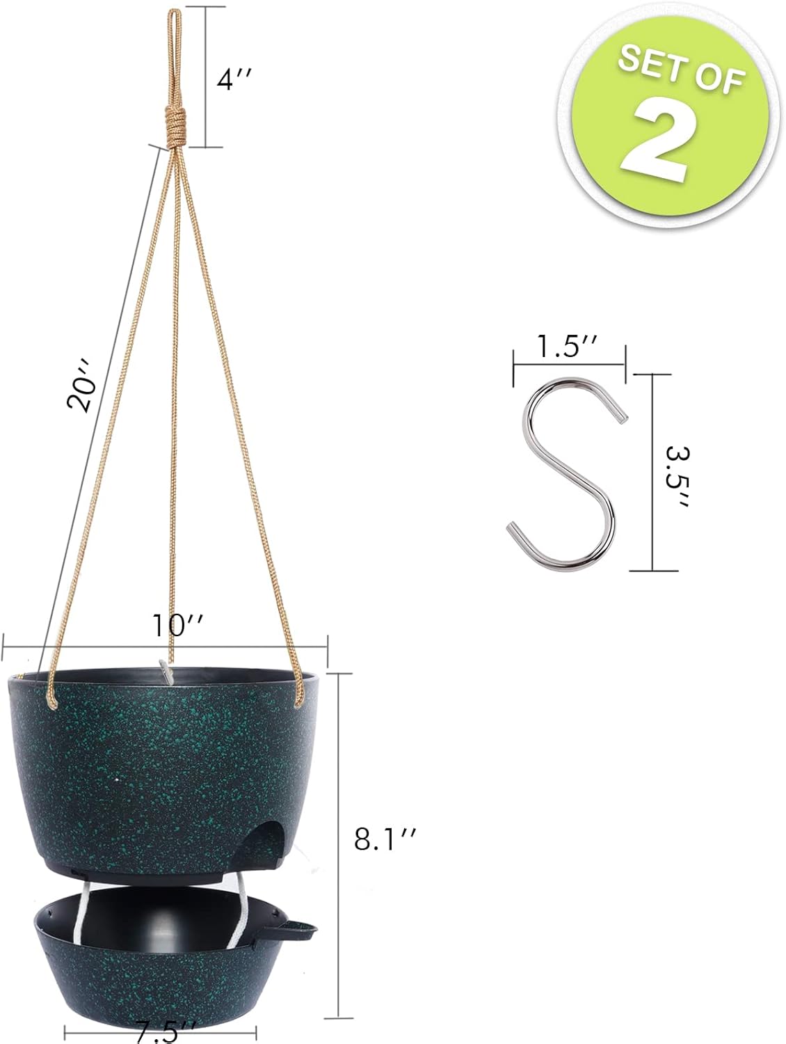 10 Inch Self Watering Hanging Pots, 2 Pack Hanging Planters with 40oZ Deep Reservior for Indoor Outdoor Plants Flowers, Black Speckles