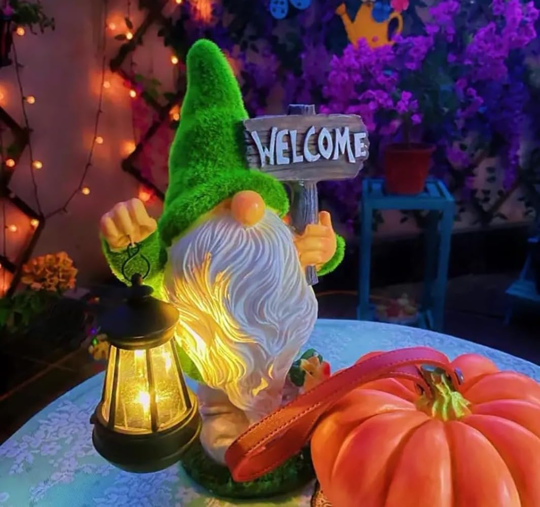 Solar Gnome Outdoor Garden Fall with Solar Lantern - 11’’Halloween Autumn Welcome Gnomes Decorations for Yard Patio (Green & White)