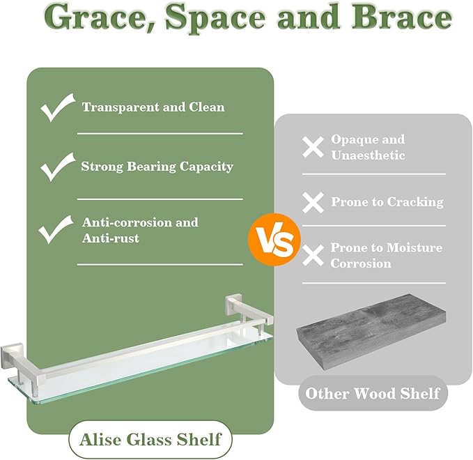 Alise Bathroom Shelf Wall Mounted, Brushed Nickel Large Capacity Glass Shelf for Bathroom, 24 inch