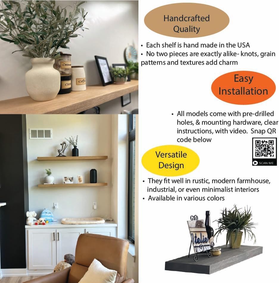 joelsantiques - 18 Inch Wooden Floating Shelves for Wall - 18x6x2 in - Made of Natural Wood - Short Heavy Duty Rustic Wall Shelves for Bedroom - Perfect for Bathroom, Kitchen - Natural