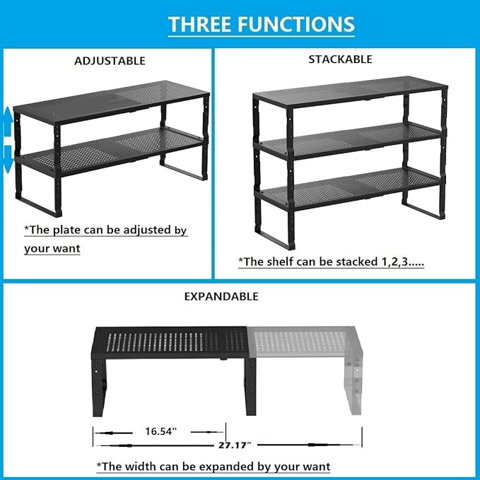 Expandable,Adjustable & Stackable Spice Rack, Cabinet Kitchen Countertop Shelf Organizer,Metal Pantry Storage Shelves - Space-Saving Storage Solution(1Pack/Black/Large)