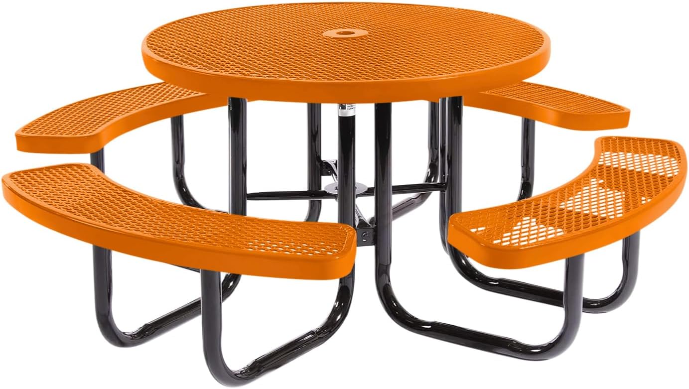 Coated Outdoor Furniture Heavy-Duty Portable Outdoor Picnic Table with Umbrella Hole, Expanded Metal Commercial-Grade Patio Dining Furniture Made in America (46" Round Top, Orange)