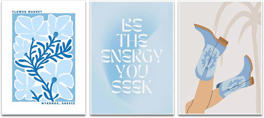 Blue Preppy Canvas Wall Art Posters Set of 3 Trendy Cowgirl Boots Home Decor Flower Market Painting Prints Coastal Aesthetic Picture for Girls Bedroom Bathroom Living Room Dorm 16x24Inch Unframed