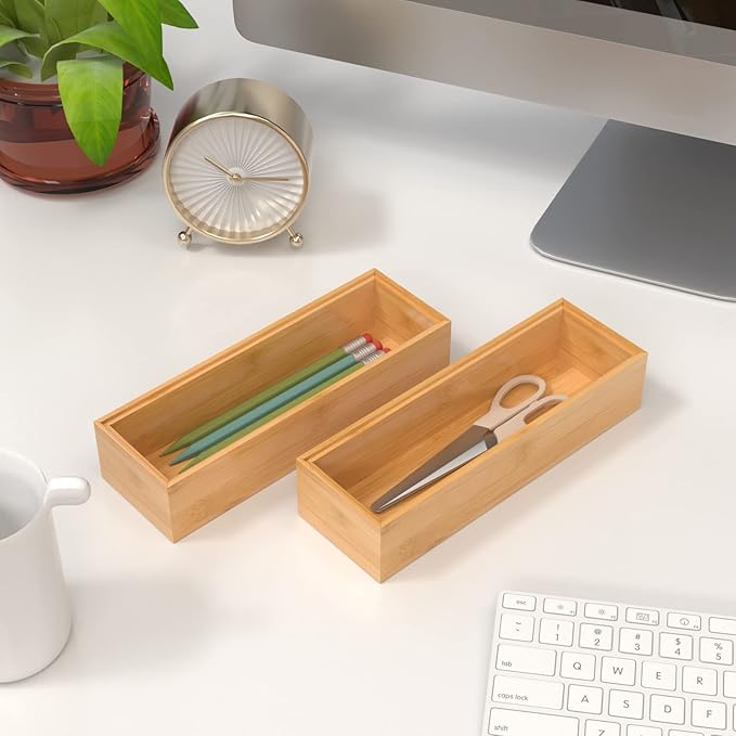 Silverware Tray for Drawer, Stackable Kitchen Bamboo Drawer Organizer 9" x 3" x 2" Set of 2