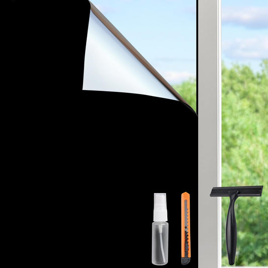 HIDBEA Mirror Blackout Window Film,100% Light Blocking Room Darkening Window Privacy Film,Mirror Glass Window Film Heat Control,Removable Window Cover Tint for Day Sleep(Mirror Black,17.3in x 13.1ft)