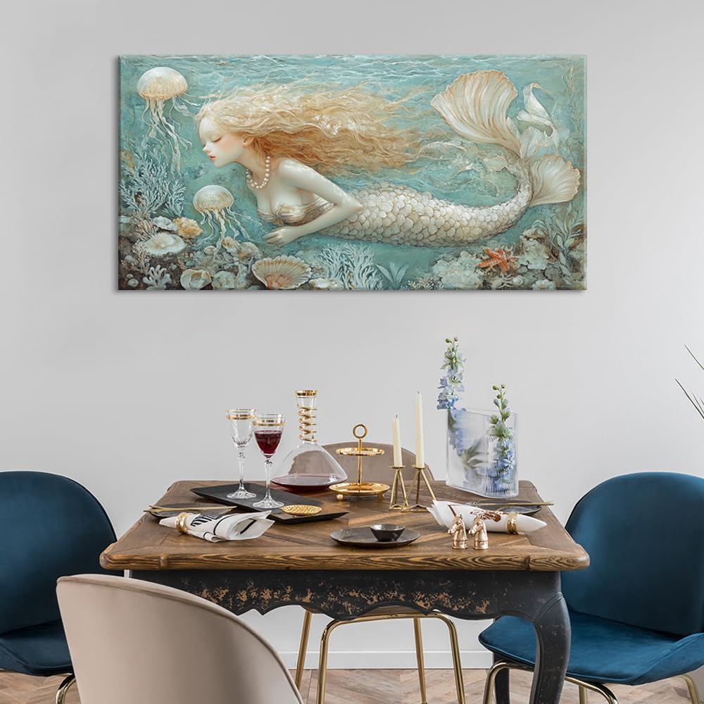LASMOND Ocean Mermaid Wall Art for Girls Room Modern Canvas Prints Marine Organism Underwater World Sea Creatures Artwork Paintings Women Bedroom Wall Decor (58x28 Inches)