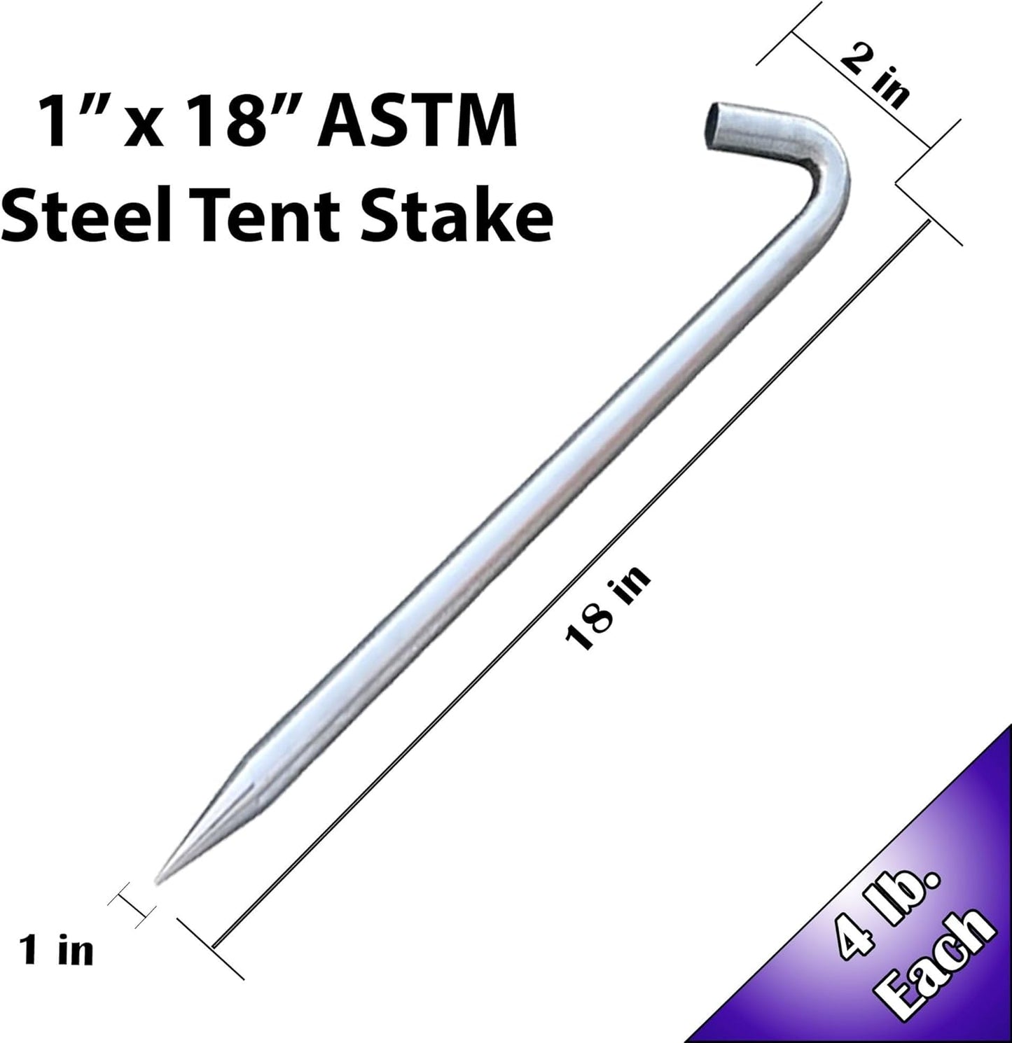 Steel Tent Stakes Heavy Duty Ground Stake, Metal Stakes to Anchor Commercial Inflatables, Outdoor Camping Canopy, Fence, Garden Tent Accessories, 1" Diameter x 18" Length, 4 Pack