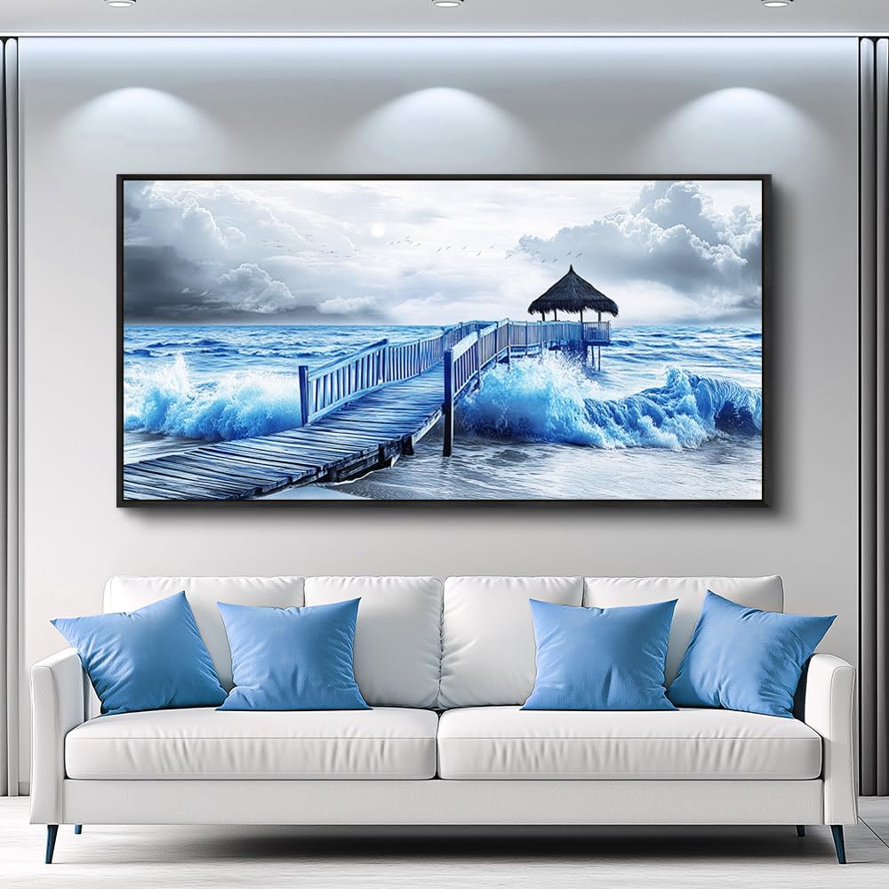 ZUITINGHUA Large Black Framed Wall Decor For Living Room Canvas Wall Art For Office Modern Wall Decorations For Bedroom Ocean Landscape Painting Black And White Pictures Artwork Home Decor 24x48 In