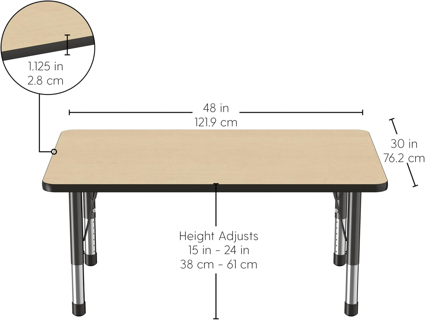 FDP Rectangle Activity School and Classroom Kids Table (30 x 48 inch), Chunky Toddler Legs, Adjustable Height 15-24 inches - Maple Top and Black Edge