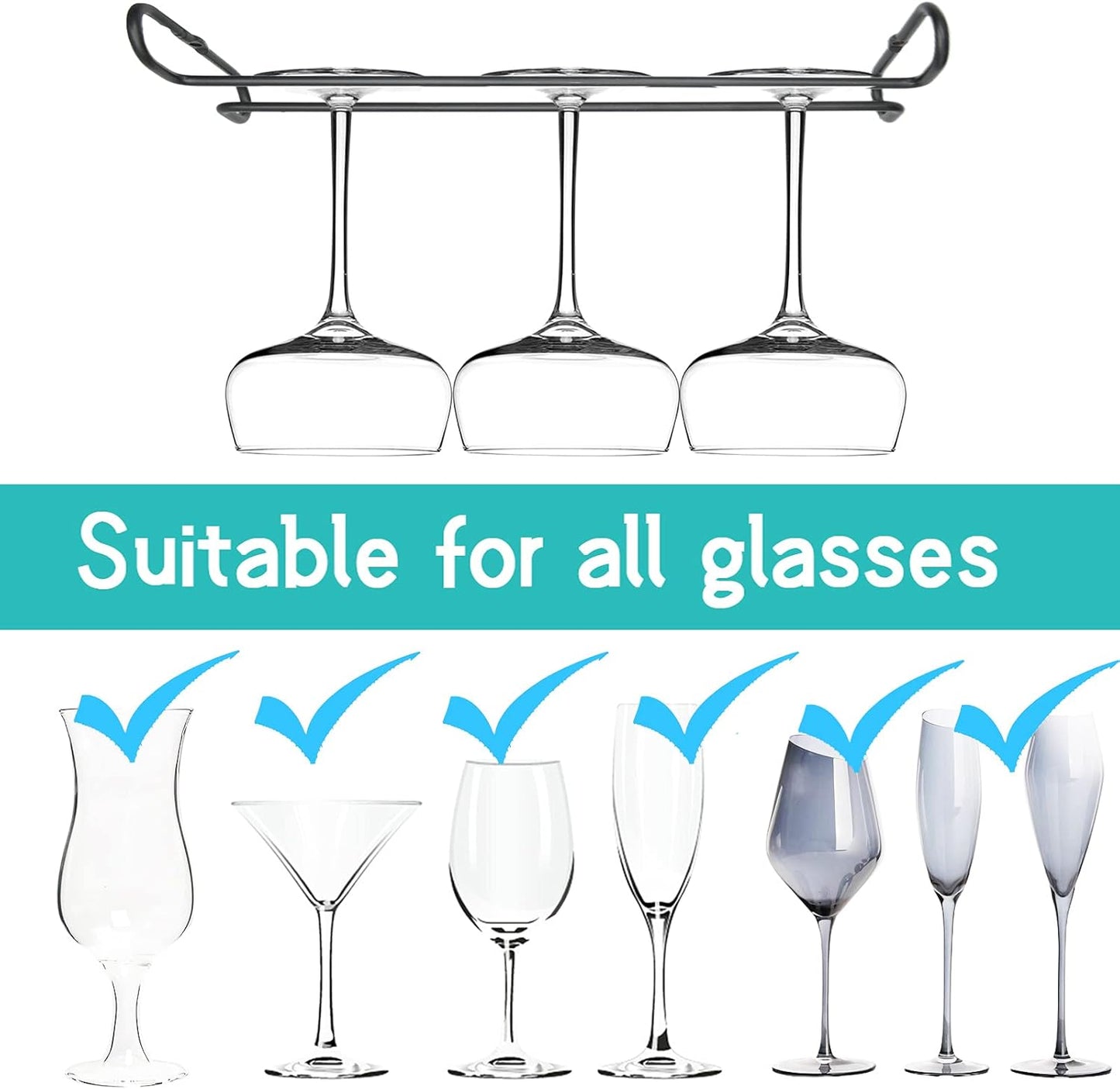 10 Inch Wine Glass Rack Under Cabinet Shelf Stemware Storage Hanging Hanger Organizer Glasses Holder with Drying Under Counter Metal for Kitchen and Bar Set of 2 Black
