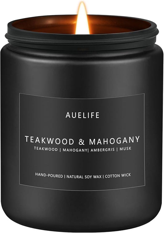 Teakwood & Mahogany Candle | Masculine Candles for Men, Gifts for Men - Soy Candle for Home Scented - Scented Candles for Home, Aromatherapy Gifts Long Lasting Burn Time - 7oz Black Jar