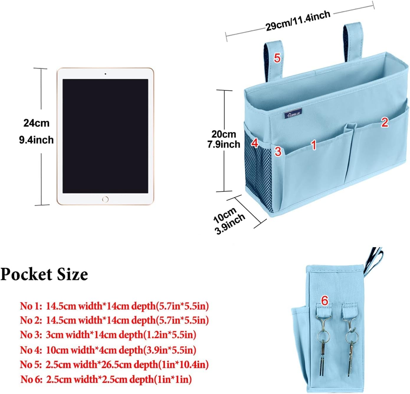 Surblue Bedside Caddy Hanging Organizer Bedside Storage Bag for Bunk and Hospital Beds (Small, Skyblue)