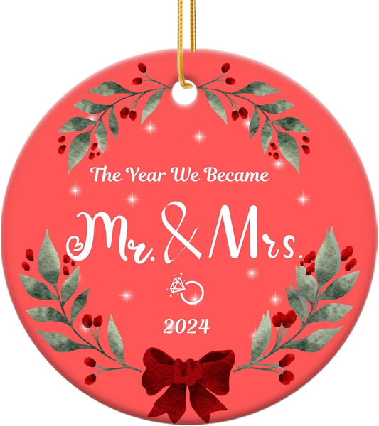 Our First Christmas Engaged Ornament for Couples 2024, Mr & Mrs Ceramic Keepsake Engagement Ornaments for Hanging Decor
