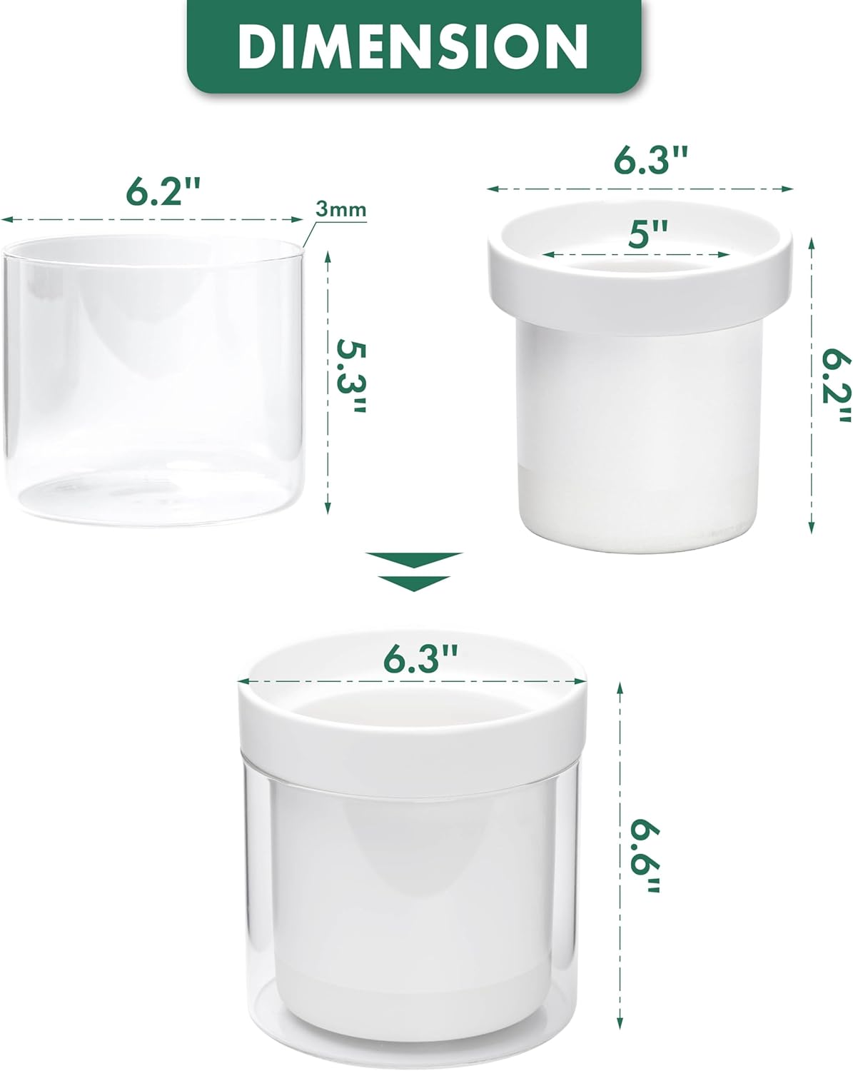 Phoenix Vine 6 Inch Self Watering Planter, White Terracotta Clay Pot with Glass Reservoir for Indoor Plants, Herbs, Flowers, Set of 2, 52-B-F-2