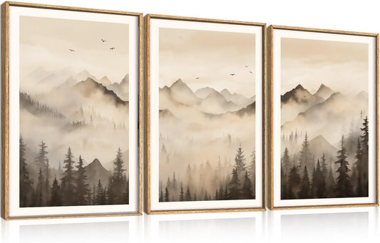 Celestdeco Nature Misty Forest Framed Canvas Wall Art Set, Foggy Landscape Wall Decor, Watercolor Pine Tree Wall Painting, Large Mountains Art Print for Living Room, Bedroom, Office - 24"X36"X3