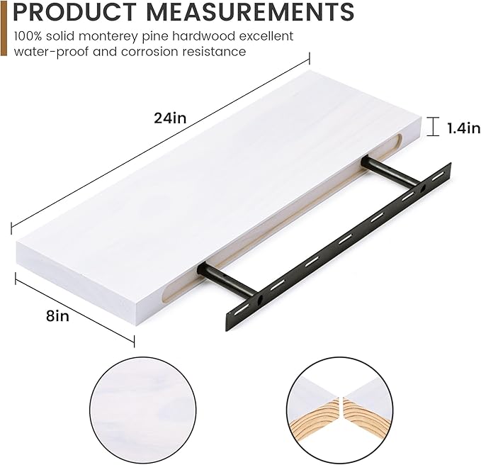 Farmhouse Floating Shelves - 8 Inch Deep Rustic Wood Wall Shelf - Premium Solid Pine Wood Storage Shelf Display Shelf for Kitchen Living Room Bedroom - 24"W x 8"D - Set of 2 - White Color