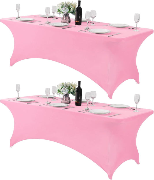 2Pack Spandex Table Cover for 8FT or 4ft or 6ft Table Universal Fitted Stretch Tablecloth for Party, Banquet, Wedding and Events-Pink