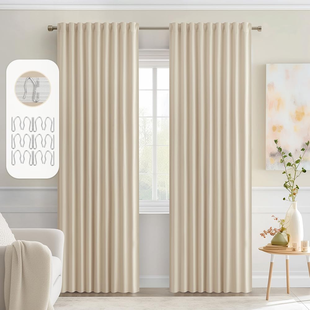 MIULEE Back Tab Cream Beige Curtains 90 Inch Long 2 Panels Set for Living Room Bedroom, Ivory Rod Pocket/Pinch Pleated Light Blocking Thermal Insulated Room Darkening Blackout Curtains, 52 x 90 Inch