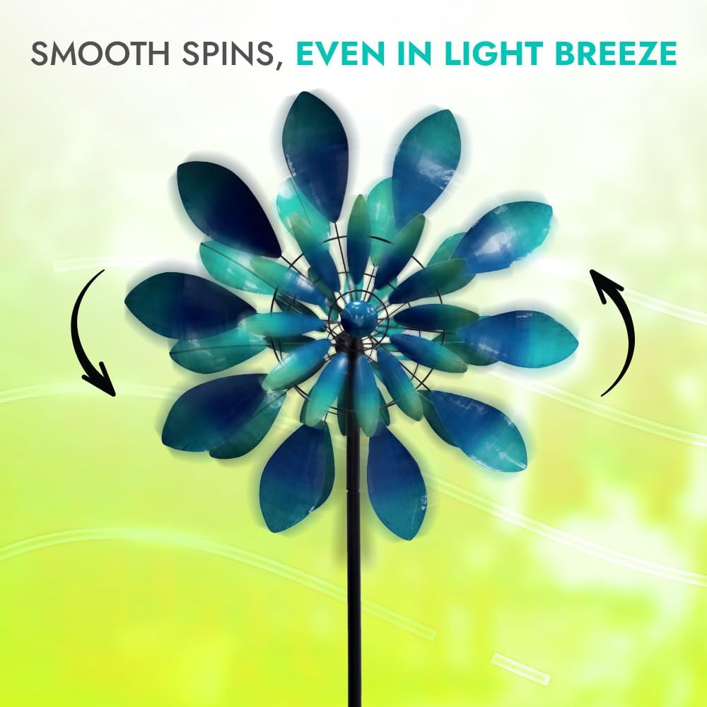 Large Wind Spinners - Decorative Garden Whirligigs - Durable Metal Flower Art - Ideal for Yard Decor and Gifts - Outdoor Accessories - Designed for Patios & Landscapes Blue 24"W x 84"H