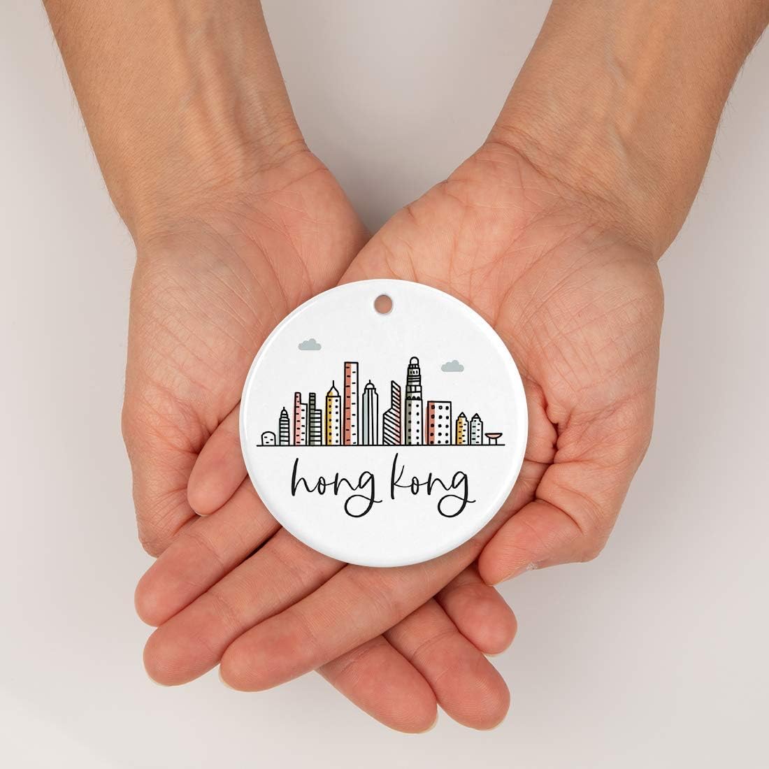 Andaz Press Round Ceramic Porcelain Christmas Tree Ornament Keepsake Gift, Hong Kong, Colorful International City Skyline Graphic, 1-Pack, Birthday Family Coworker Him Her, Gift Box