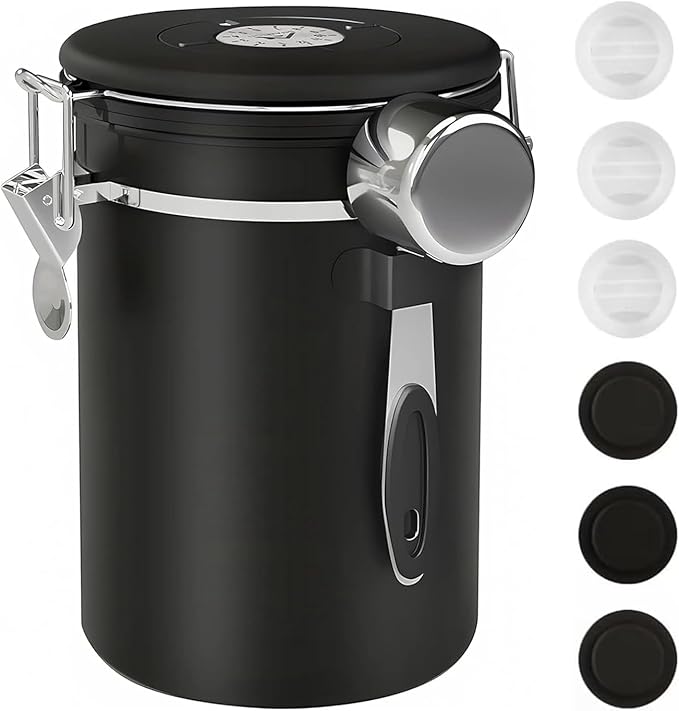 ShanSon Coffee Canister Airtight Coffee Container Stainless Steel Coffee Bean Storage Container with Scoop Coffee Canister for Beans Grounds Sugar Flour Tea Cereal,22OZ, Black